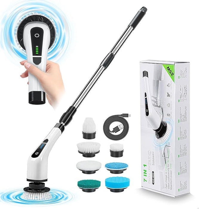 Sokoweii Electric Spin Scrubber 7 in 1, Bathroom Cordless Cleaning Brush with Extension Handle, Suitable for Cleaning Shower, Tile, Floor -Black