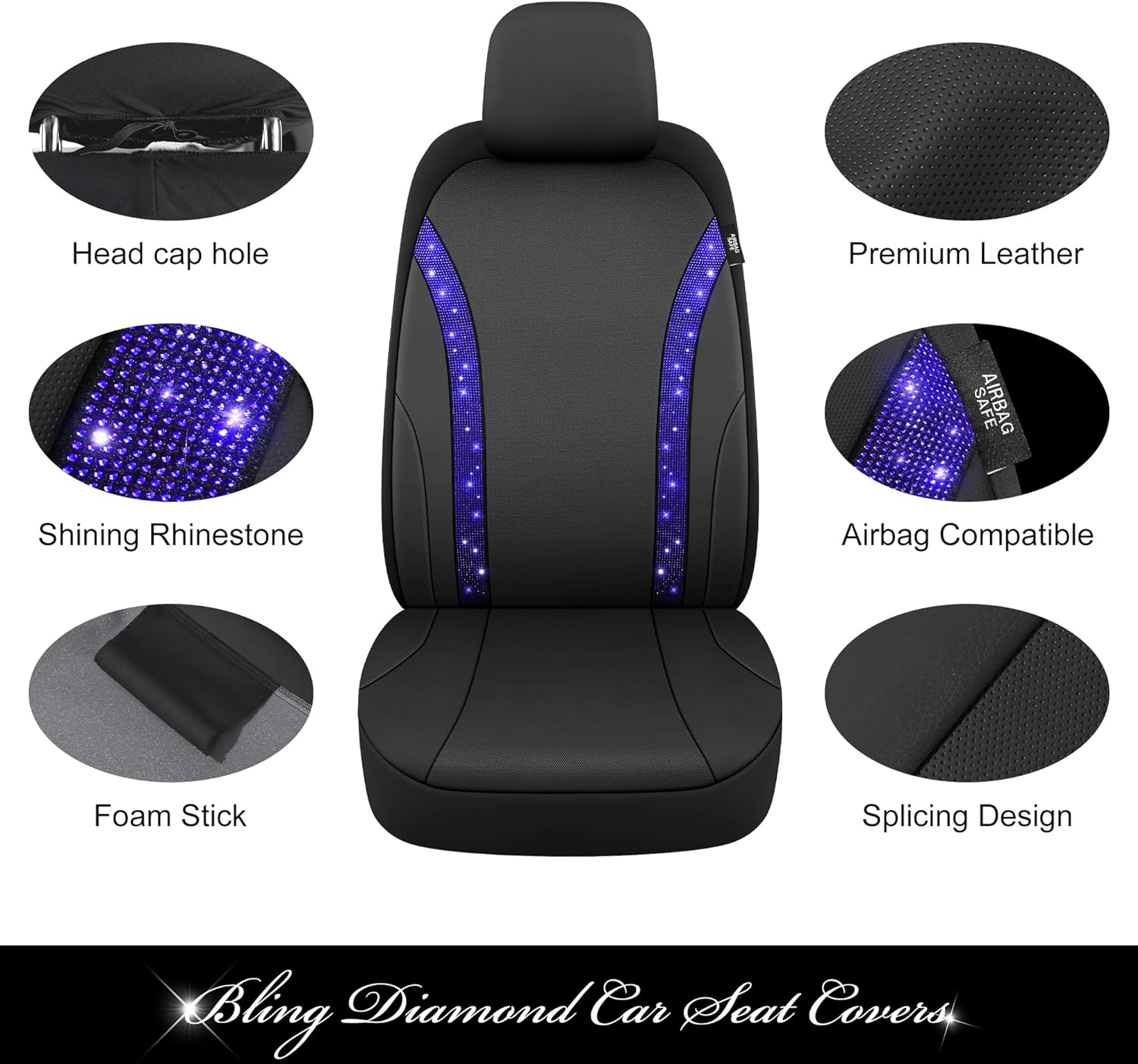 Pariitadin Bling Leather Car Seat Covers 2 Front Seats for Cute Women Girl, Shining Rhinestone Breathable Automotive Seat Covers for Cars, Universal Fit Most Cars Sedans SUVs Trucks(Blue Diamond)