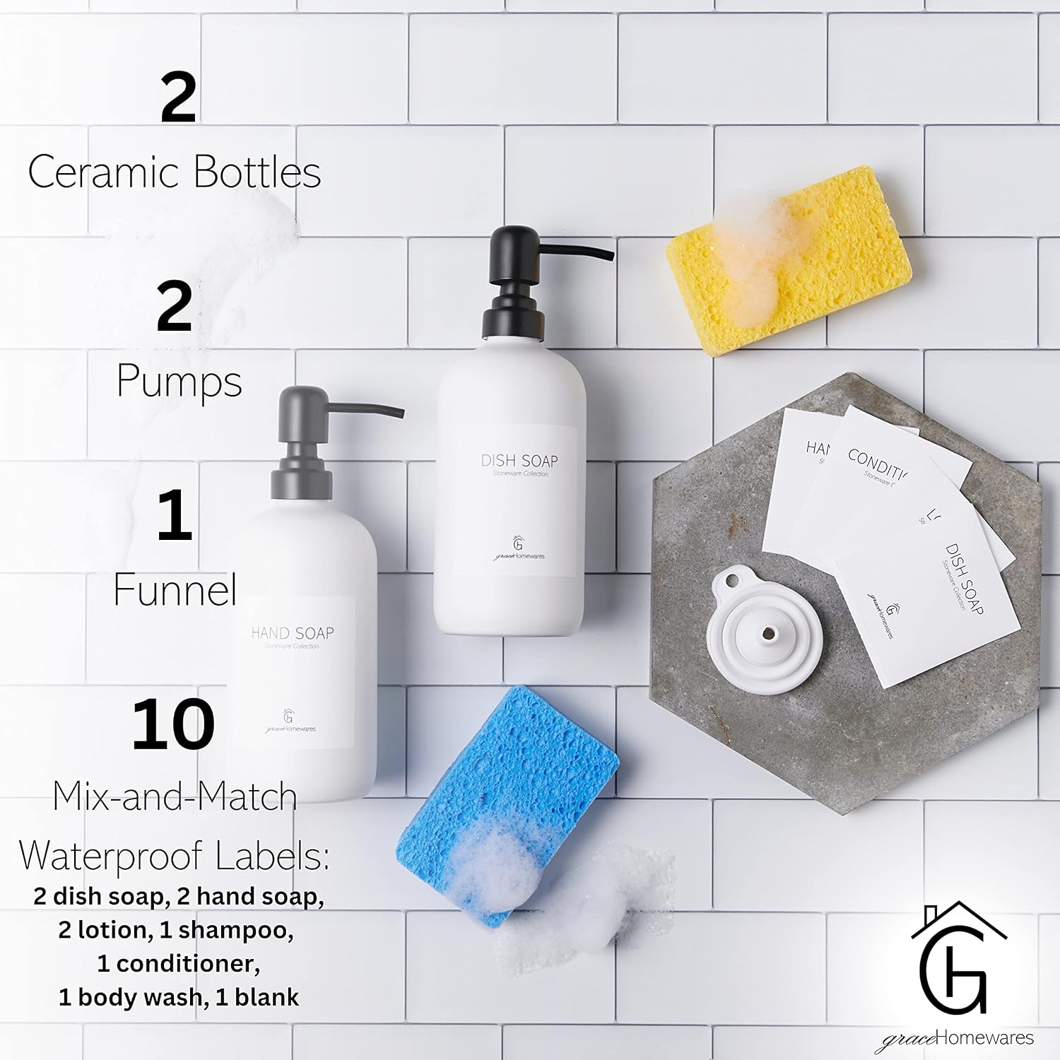 GraceHomewares Stoneware Ceramic Dish Soap Dispenser for Kitchen Sink | Kitchen Soap Dispenser Set | Soap Holder | Hand Soap Dispenser Bathroom | White with Black Pump | Waterproof Labels | 2 Pack