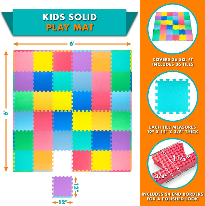 ProSource Kids Foam Puzzle Floor Play Mat with Solid Colors, 36 Tiles or 16 Tiles with Borders