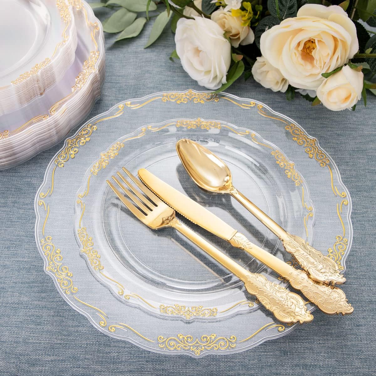 175 Pcs Gold Plastic Plates with Silverware and Cups, Clear Gold Disposable Dinnerware Includes: 25 Dinner Plates 10.25", 25 Dessert Plates 7.5", 25 Cups, 25 Per Rolled Napkins with Cutlery