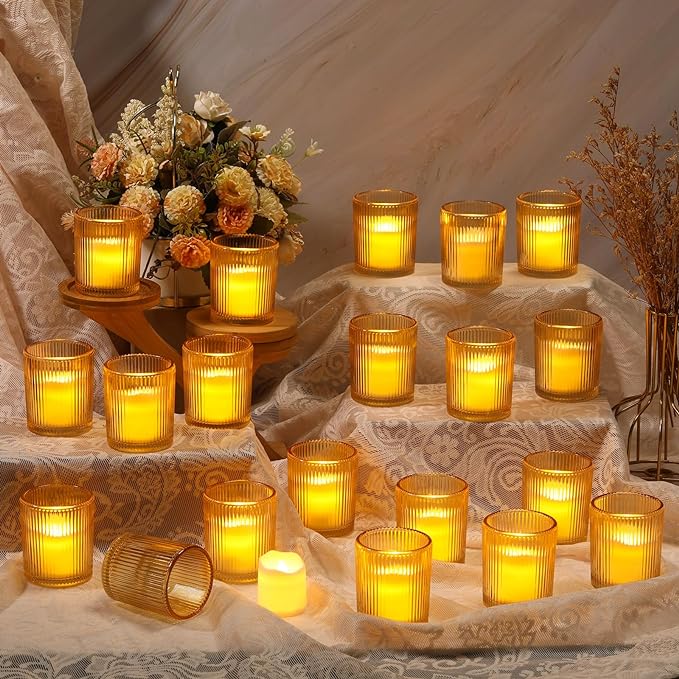 Domensi 24 Pcs Bulk Votive Candle Holders Set, 24 Candle Holders and 24 LED Flameless Fake Candles Glass Tea Lights Candle Holders for Wedding Home Table Centerpiece Birthday Party Holiday (Gold)