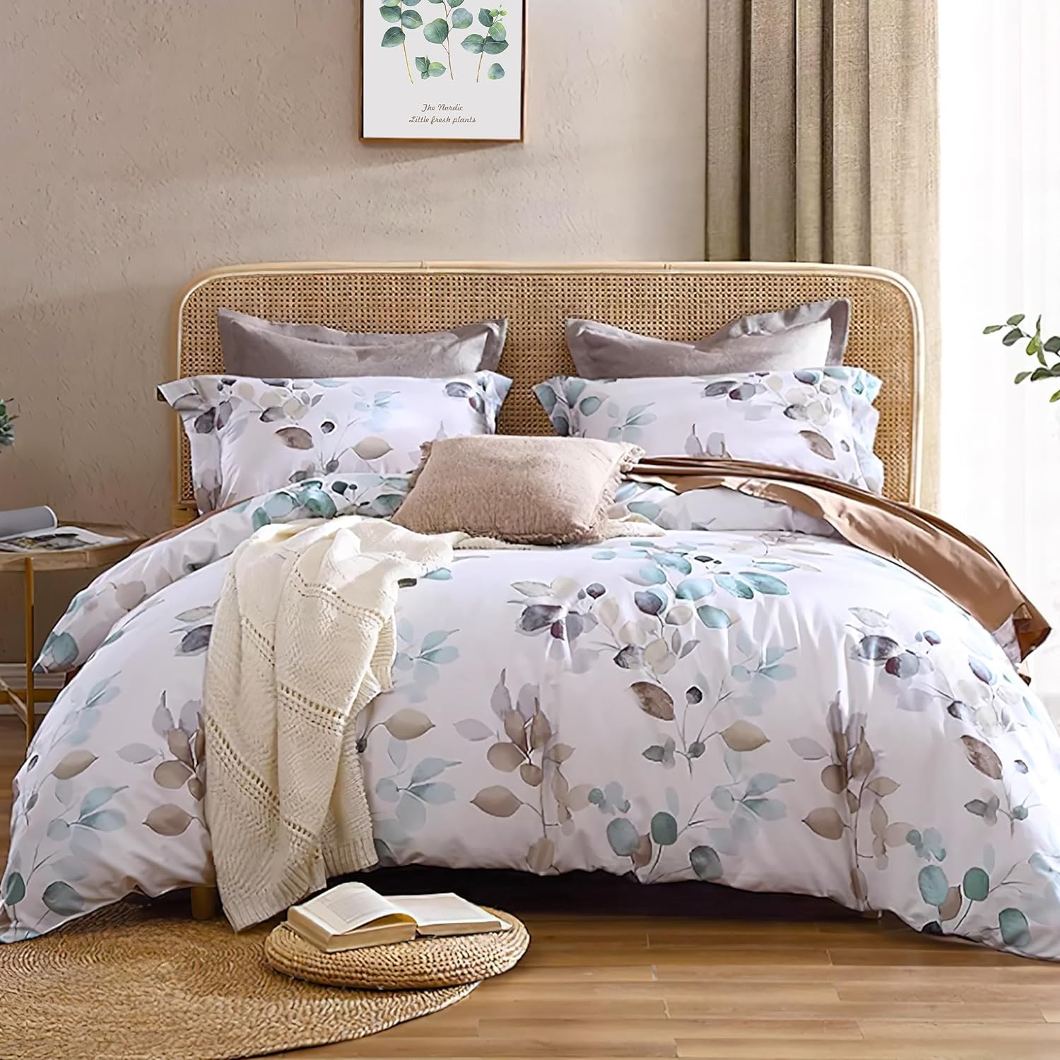 Sanracie Floral Comforter King Size- 100% Cotton Bedding Comforter Set, 3pcs Gradient Teal Leaves Botanical Pattern Queen Bedding Sets, Lightweight Ultra Soft Fluffy Bed Flower Comforter Sets