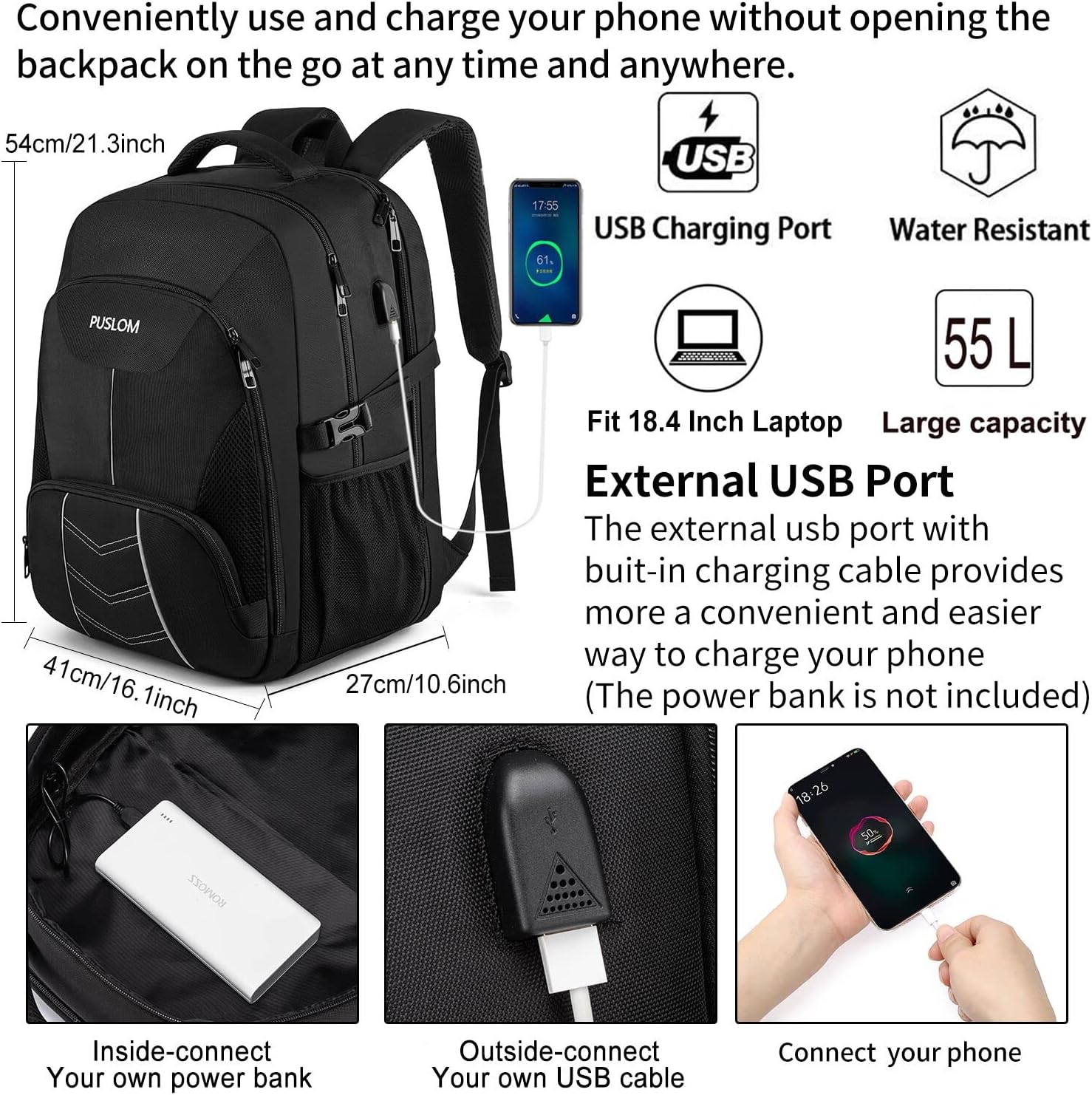 Extra Large Backpack for Men 55L,18.4Inch Travel Laptop Backpack with USB Charging Port Business Flight Approved Carry On Backpack,TSA Big Capacity Heavy Duty Computer Bag College Bookbag,Black