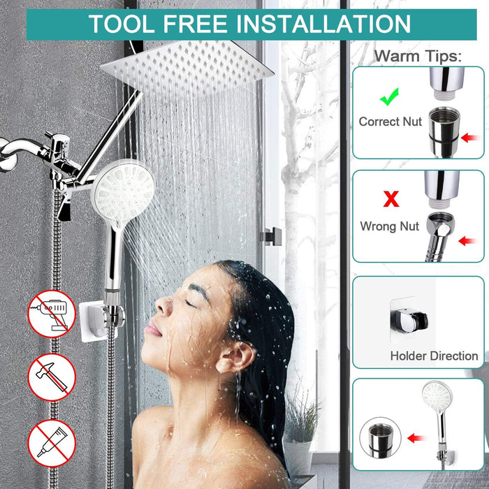 Shower Head, 8 Inch High Pressure Rainfall Shower Head/Handheld Shower Combo with 11 Inch Extension Arm, 9 Settings Adjustable Anti-Leak Shower Head with Holder/Hose, Height/Angle Adjustable