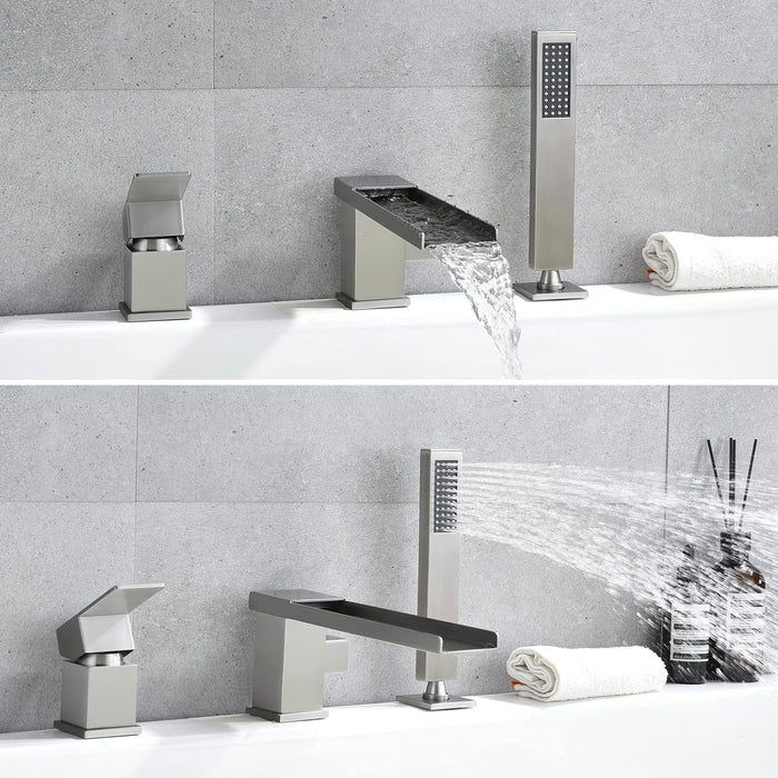 Waterfall Roman Tub Faucet with Sprayer Modern Bathtub Faucet Brushed Nickel, Widespread 3-Holes Single Handle Deck Mount Bath Faucet for Tub