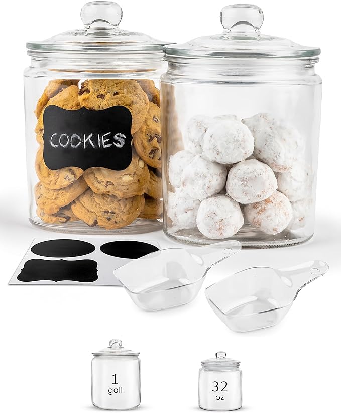 KooK Glass Storage Containers with Lids, 1/2 Gallon, Set of 2, Glass Kitchen Jars, Food & Cookie Storage Containers for Pantry, Bathroom Apothecary Canisters, Dishwasher Safe, Chalk, Label, Scoops