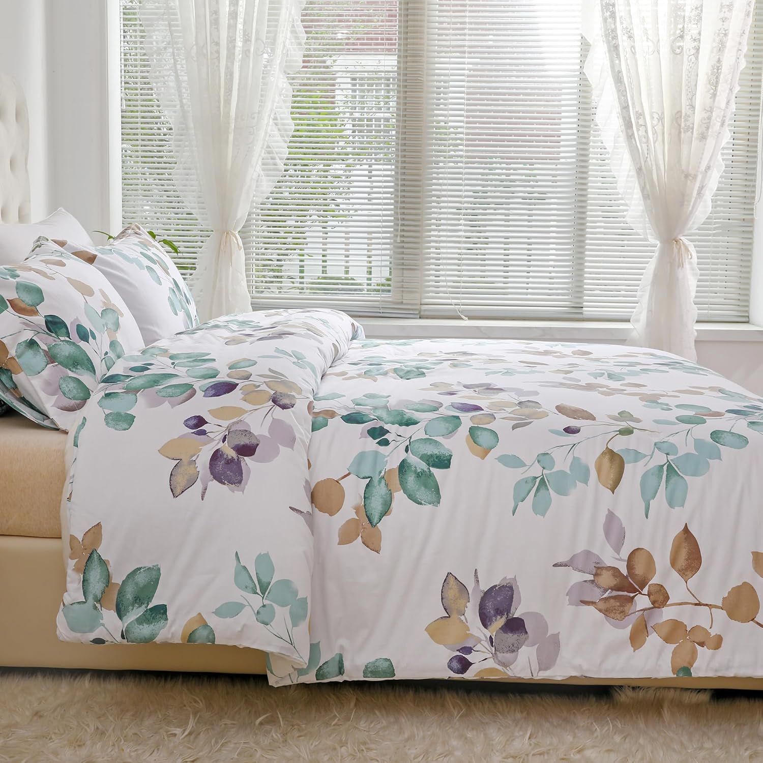 Sanracie Floral Comforter King Size- 100% Cotton Bedding Comforter Set, 3pcs Gradient Teal Leaves Botanical Pattern Queen Bedding Sets, Lightweight Ultra Soft Fluffy Bed Flower Comforter Sets