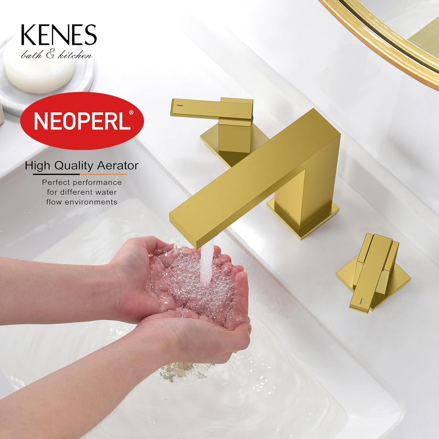 KENES Gold Widespread Bathroom Faucet Brushed Gold Two Handle Bathroom Sink Faucet 3 Hole, 8-Inch Bathroom Faucet Vanity Faucet with Lead-Free Supply Hose, KE-9050-4