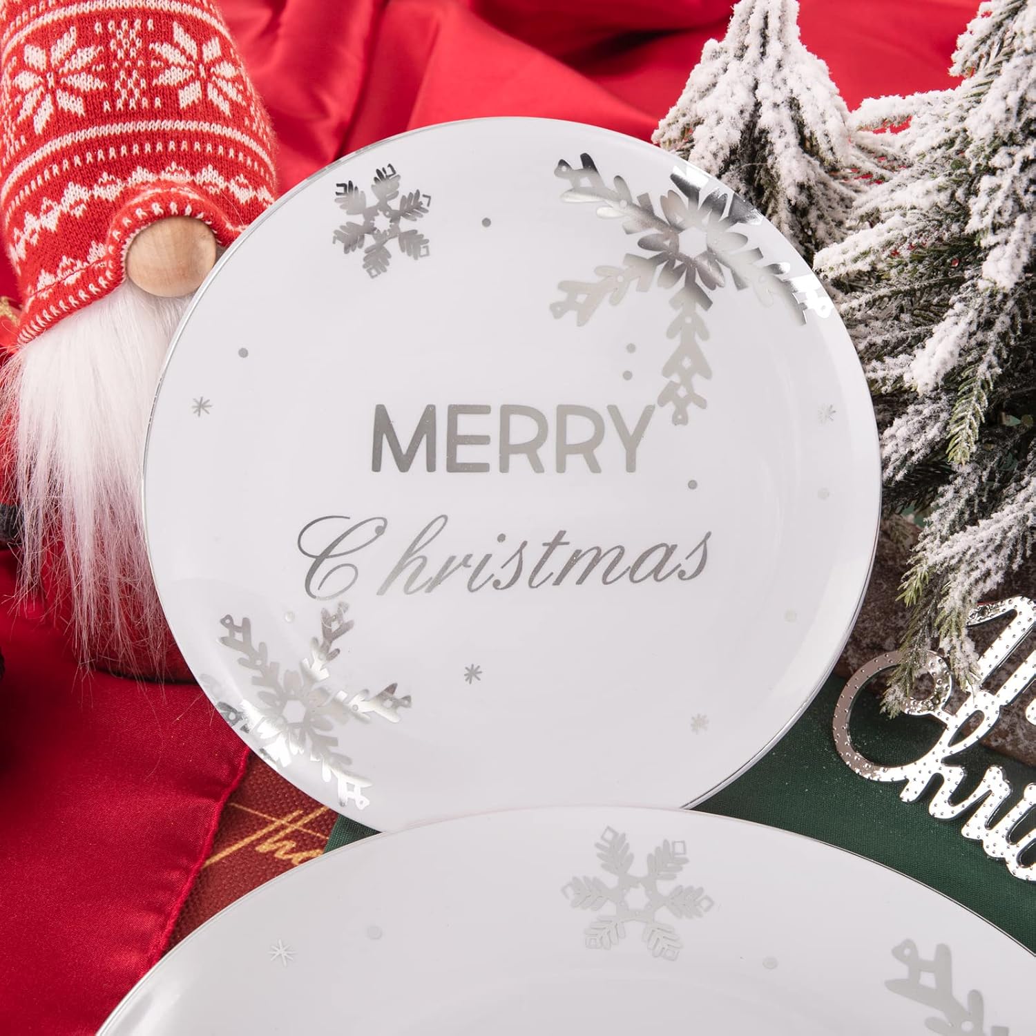 KIRE 25 Guests Silver Plastic Plates with Snowflake pattern & Silver Disposable Plastic Silverware &Clear Silver Cups - Christmas Plastic Plates for Christmas Parties, Picnics, Holiday, Christmas Day