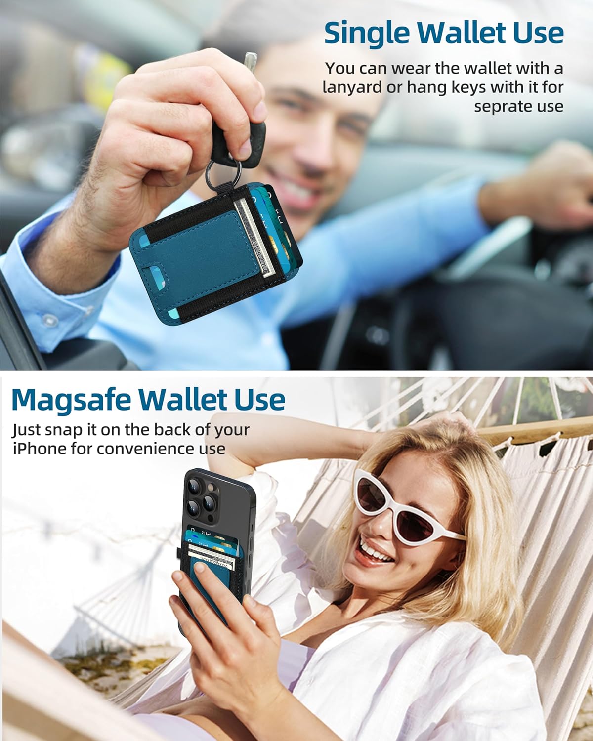 MagSafe Wallet for iPhone 15/14/13/12 Series, Blue, Vegan Leather, Hold 7 Cards, Magnetic