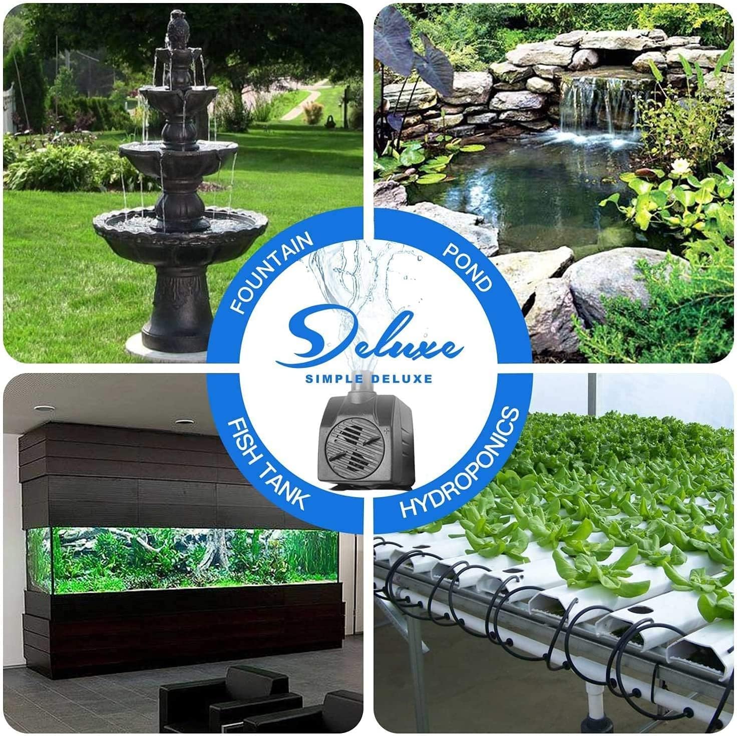 Simple Deluxe 80 GPH Submersible Pump with Adjustable Intake & 6' Waterproof Cord for Hydroponics, Aquaponics, Fountains, Ponds, Statuary, Aquariums & more