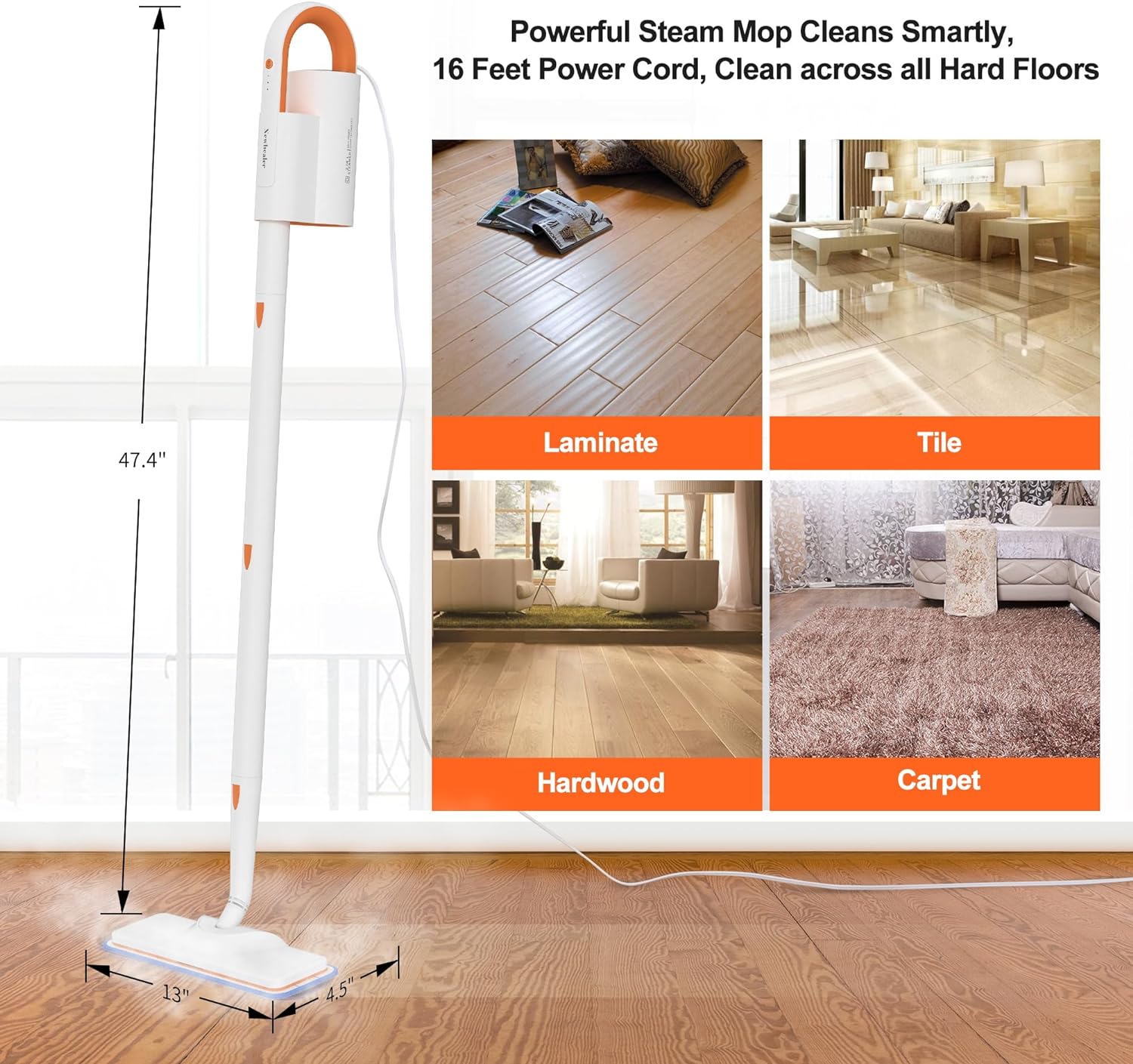 Newbealer Steam Mop & Detachable Handheld Cleaner, 250ml 1200W Powerful Floor Steamer, 3 Adjustable Levels for Hardwood Laminates Tiles Car, 7 Multi-purpose Accessories & 2 Washable Microfiber Pads