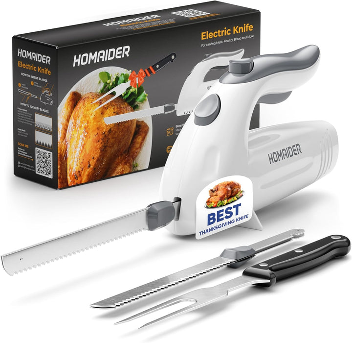Electric Knife for Carving Meat, Turkey, Bread & More. Serving Fork and Carving Blades Included