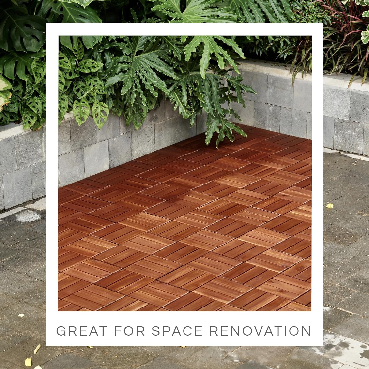 THYOI 10 Pcs Acacia Wood Deck Tiles 12" x 12", Deck Tiles Interlocking Outdoor All Weather, Patio Flooring Waterproof, Wood Patio Tiles for Indoor and Outdoor use (Round Joint, Dark Brown)