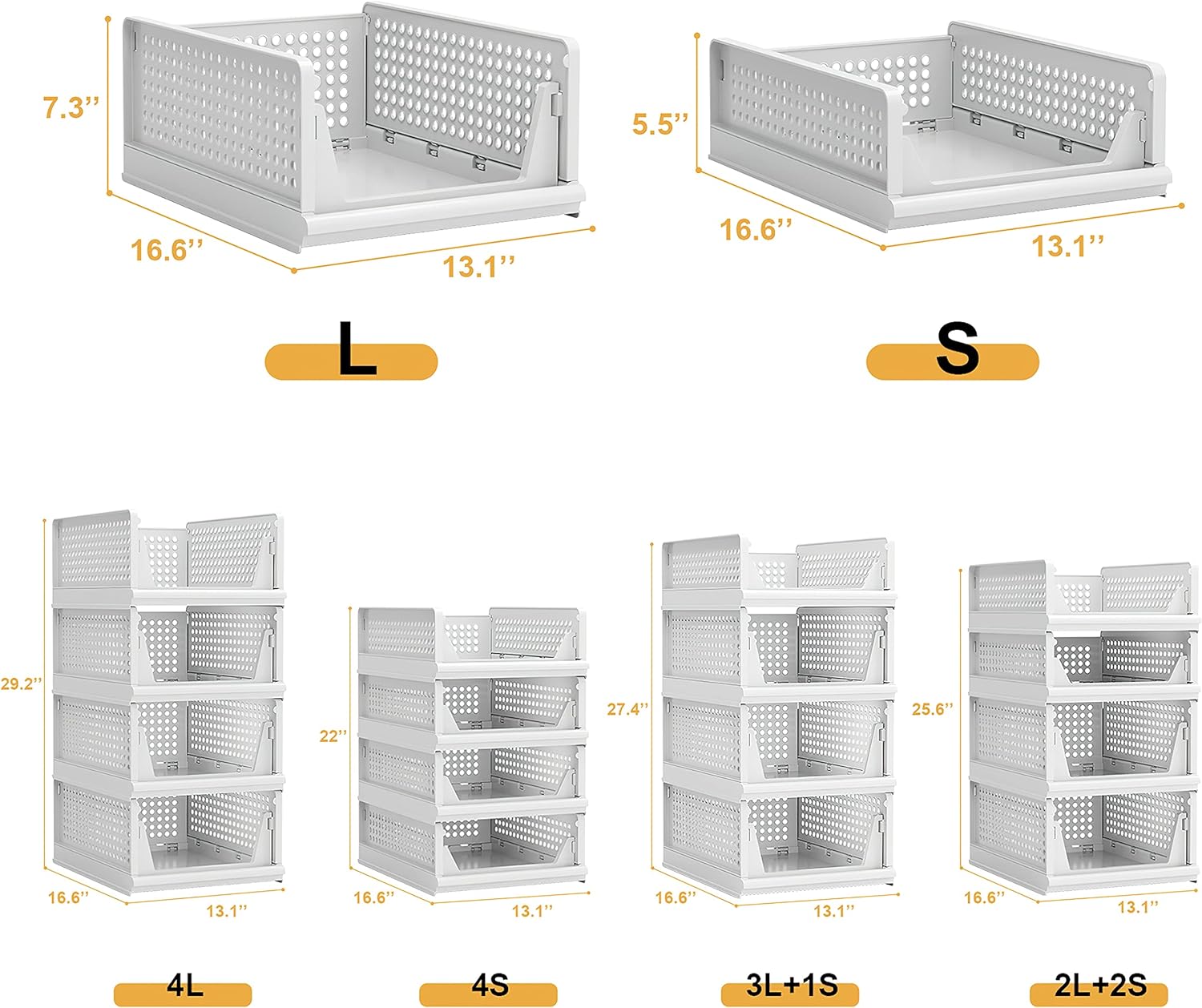 Proarea 4 Pack Stackable Plastic Storage Basket Closet Organizer Bin Foldable Clothes Organizer Storage Drawer Shelf Container for Living Room Bathroom Kitchen Office (4L)