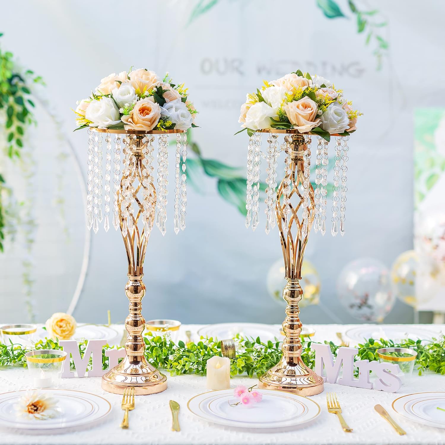 Inweder Wedding Centerpiece Table Decorations - 2 Pcs Gold Vase for Centerpieces with Chandelier Crystals, 21.7in Tall Flower Vase, Wedding Metal Flower Stand for Event, Birthday, Home Decoration