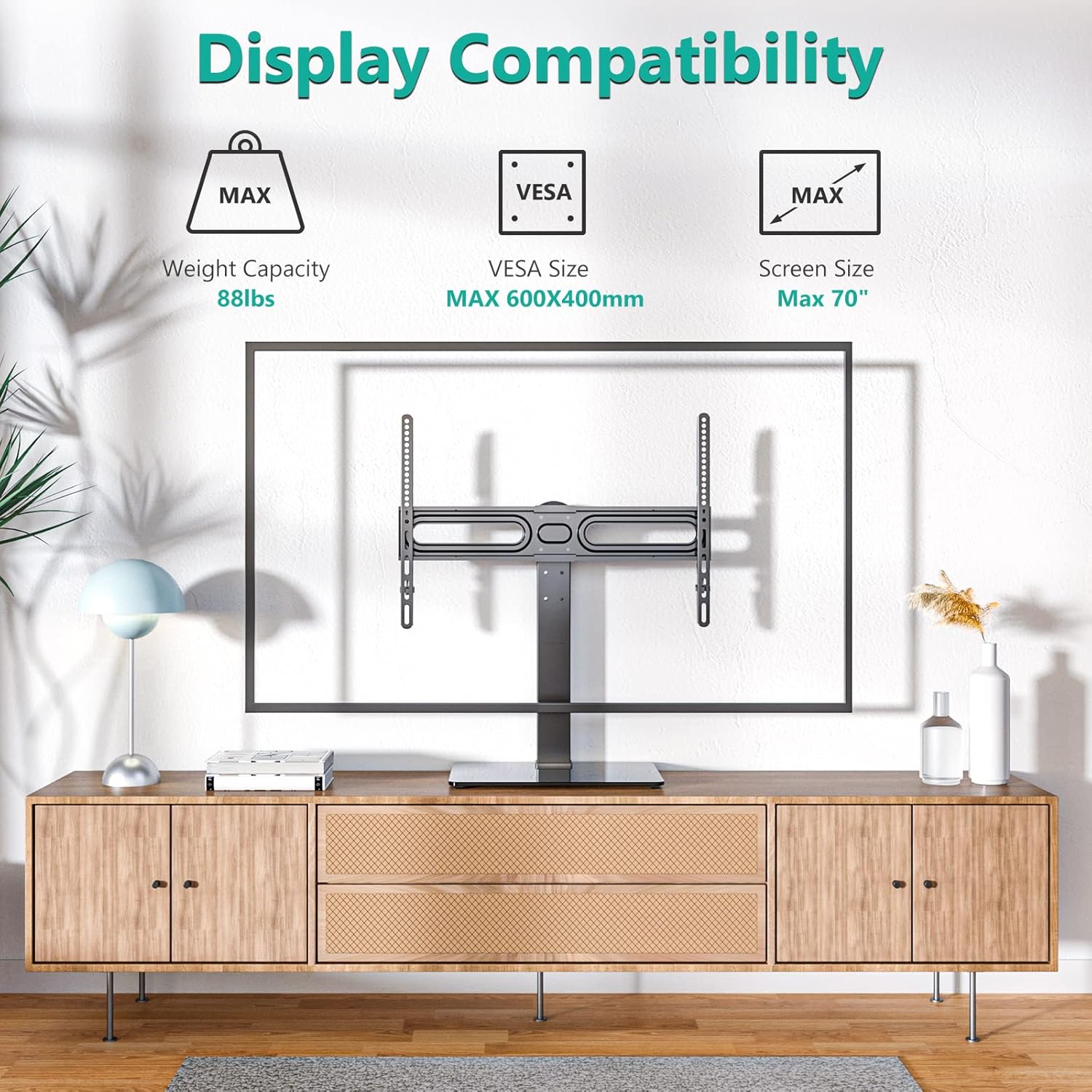 WALI Universal TV Stand, Table Top TV Stand for 32 to 70 inch TVs, 6 Height Adjustable and 70°Swivel TV Mount Stand Holds up to 88lbs, Max Mounting Holes 600x400mm (TVDVD-5), Black