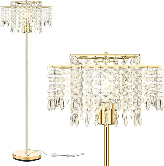 Mlambert Double Layer Lampshade Crystal Floor Lamp for Bedroom,Floor Lamp for Livingroom,Elegant Standing Lamp,61.57" Pole Lamp,Modern Floor Lamp,Gold