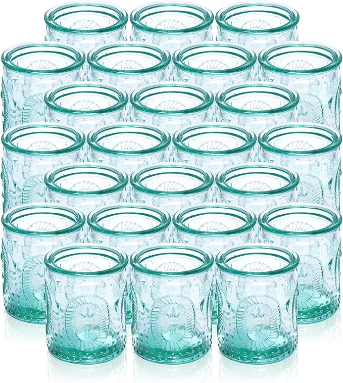 FREDOM Turquoise Blue Vintage Votive Candle Holders Set of 24 Turquoise Glass Votive Candle Holders Bulk Tea Lights Candle Holder for Table Centerpiece