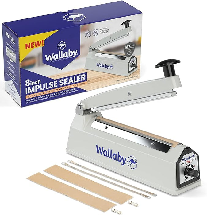 Wallaby Impulse Sealer - 8 inch - Manual Heat Sealer Machine for Mylar Bags - Heavy Duty for Strong, Secure Sealing for Long Term Food Storage - Two Fuse & Strip Replacement Kits Included (White)