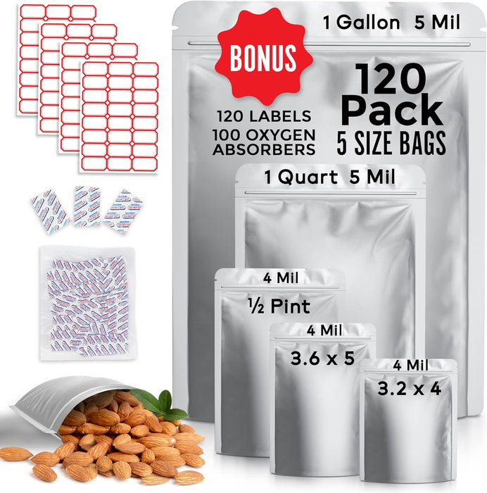 120 Stand Up Mylar Bags for Food Storage & Mylar Bags with Oxygen Absorbers - 10 Mil 1 Gallon, Quart & 8 Mil Small, Reusable Heat Sealable Zipper Resealable Airtight Food Storage