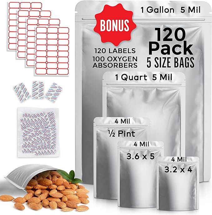 120 Stand Up Mylar Bags for Food Storage & Mylar Bags with Oxygen Absorbers - 10 Mil 1 Gallon, Quart & 8 Mil Small, Reusable Heat Sealable Zipper Resealable Airtight Food Storage
