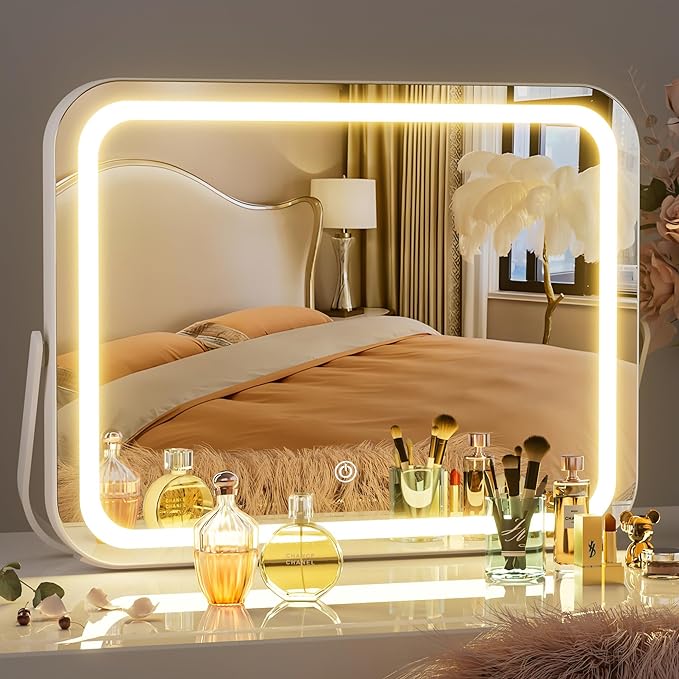 Hasipu Vanity Mirror with Lights, 14"×11" LED Makeup Mirror, 3 Modes Light,Smart Touch Control Dimmable, 360°Rotation, Modern White Frame