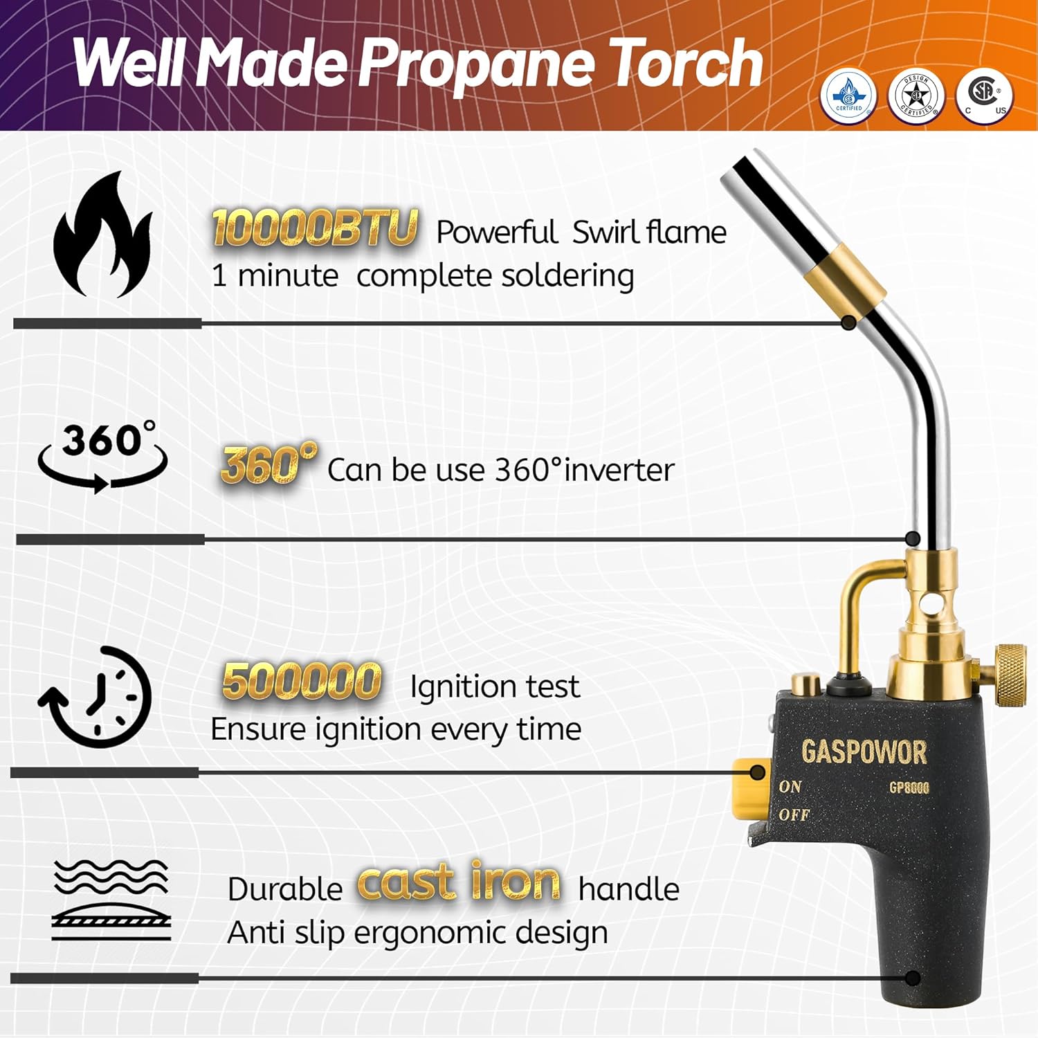 High Intensity Propane Torch Head Fuel by Propane,MAPP,MAP PRO,Turbo Torch Kit,Welding Torch,Trigger Start Mapp Gas Torch Kit with Igniter,Propane torch,Blow Torch(CSA Certified, Fuel Not Included)