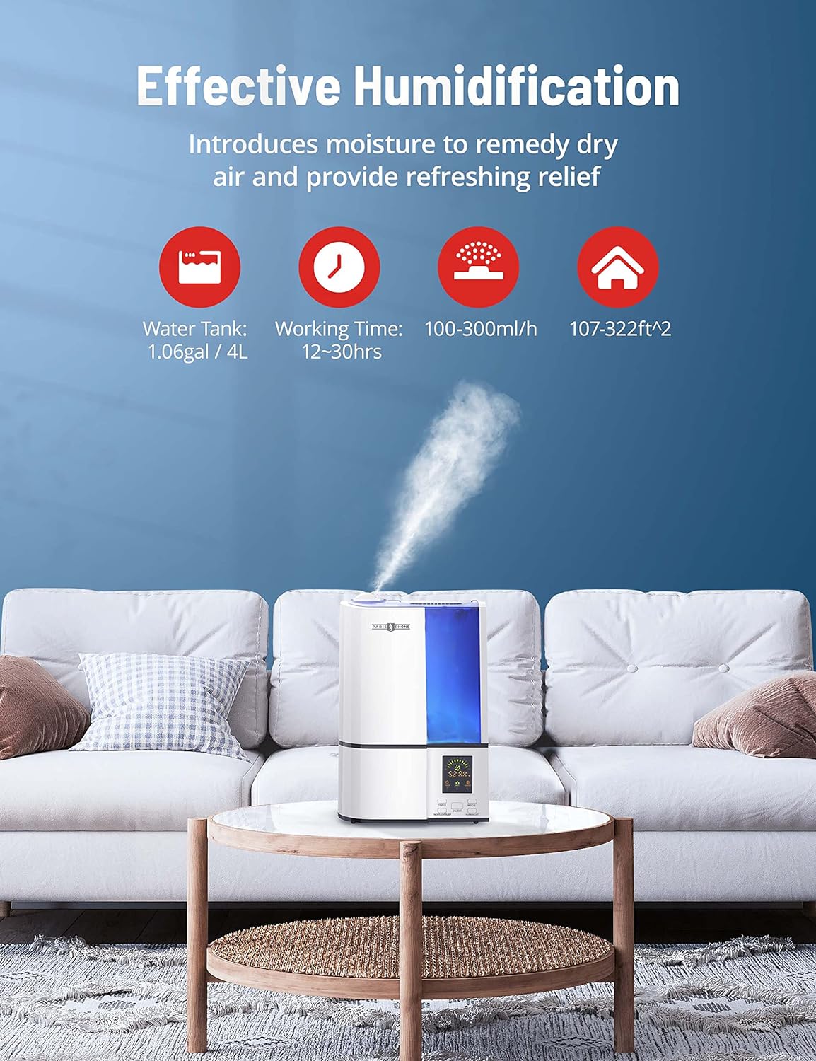 Humidifiers for Bedroom, Upgrade 4L Cool Mist Humidifiers with Humidistat, Quiet Air Humidifier for Large Room, Plant Humidifier for Indoor, LED Display, 24H Timer, Sleep Mode, Night Light