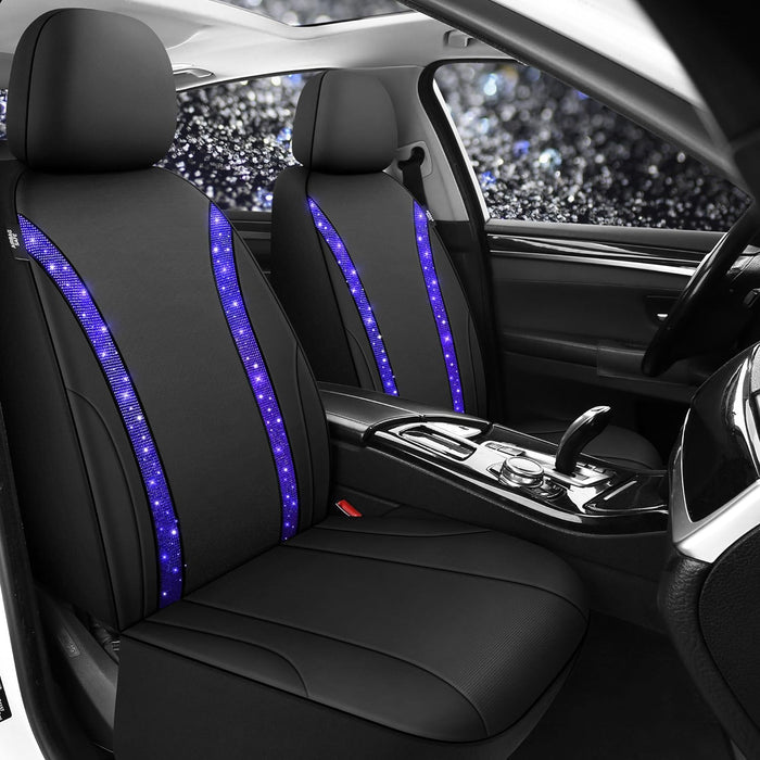 Pariitadin Bling Leather Car Seat Covers 2 Front Seats for Cute Women Girl, Shining Rhinestone Breathable Automotive Seat Covers for Cars, Universal Fit Most Cars Sedans SUVs Trucks(Blue Diamond)