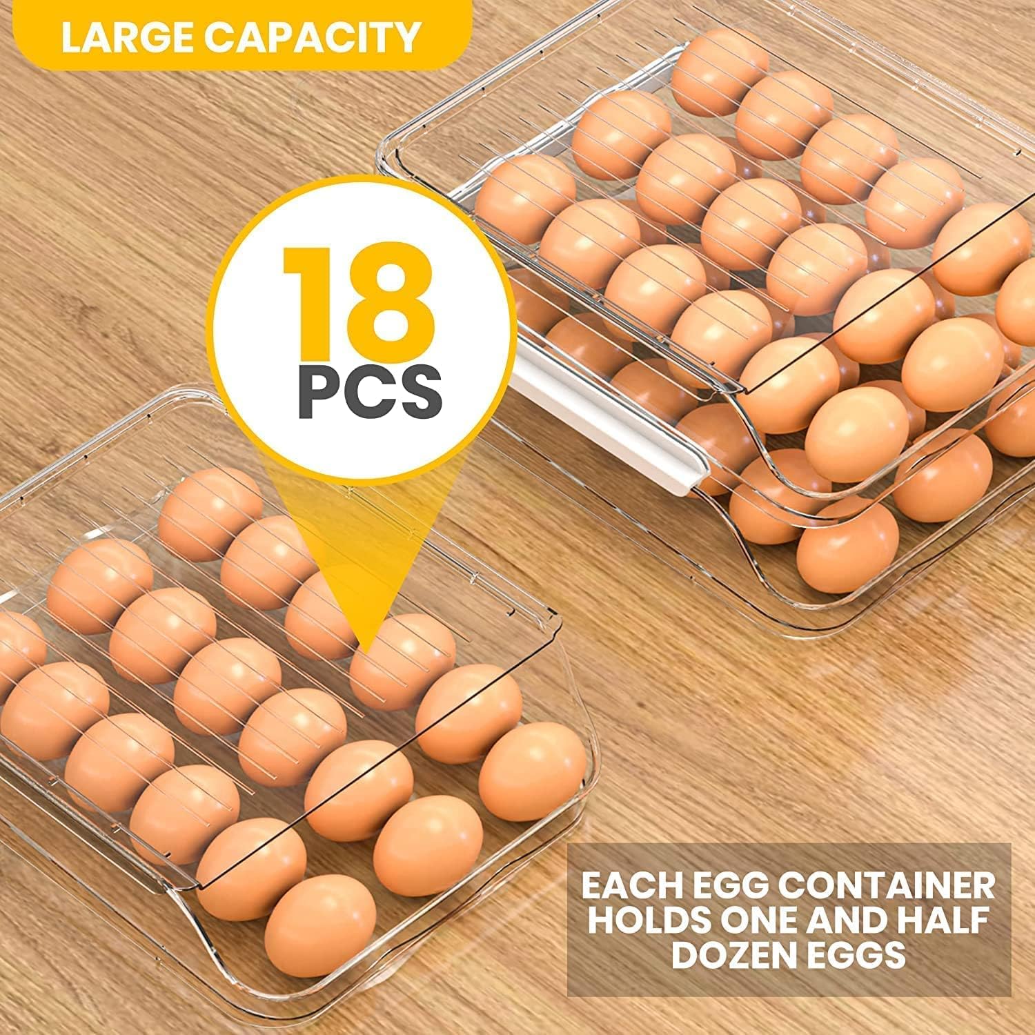 Utopia Kitchen Rolling Egg Container for Refrigerator with Lid - Pack of 3 Stackable Plastic Egg Holder for Refrigerator - Clear Egg Tray for Refrigerator or Fridge Organizer