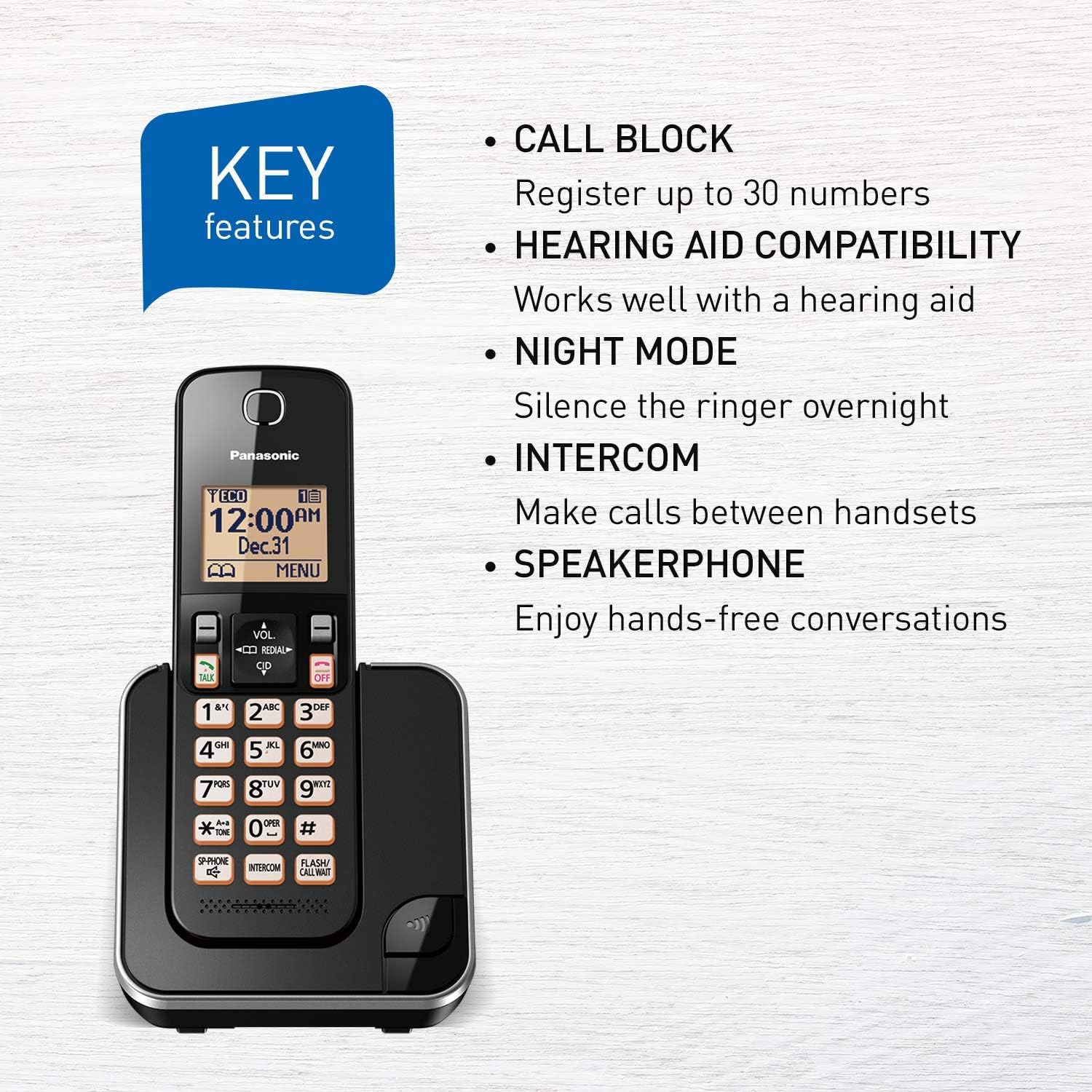 Panasonic DECT 6.0 Expandable Cordless Phone with Call Block - 1 Cordless Handset - KX-TGC380CB (Black)