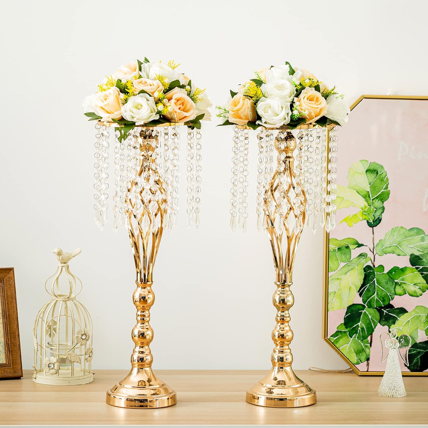 Inweder Wedding Centerpiece Table Decorations - 2 Pcs Gold Vase for Centerpieces with Chandelier Crystals, 21.7in Tall Flower Vase, Wedding Metal Flower Stand for Event, Birthday, Home Decoration