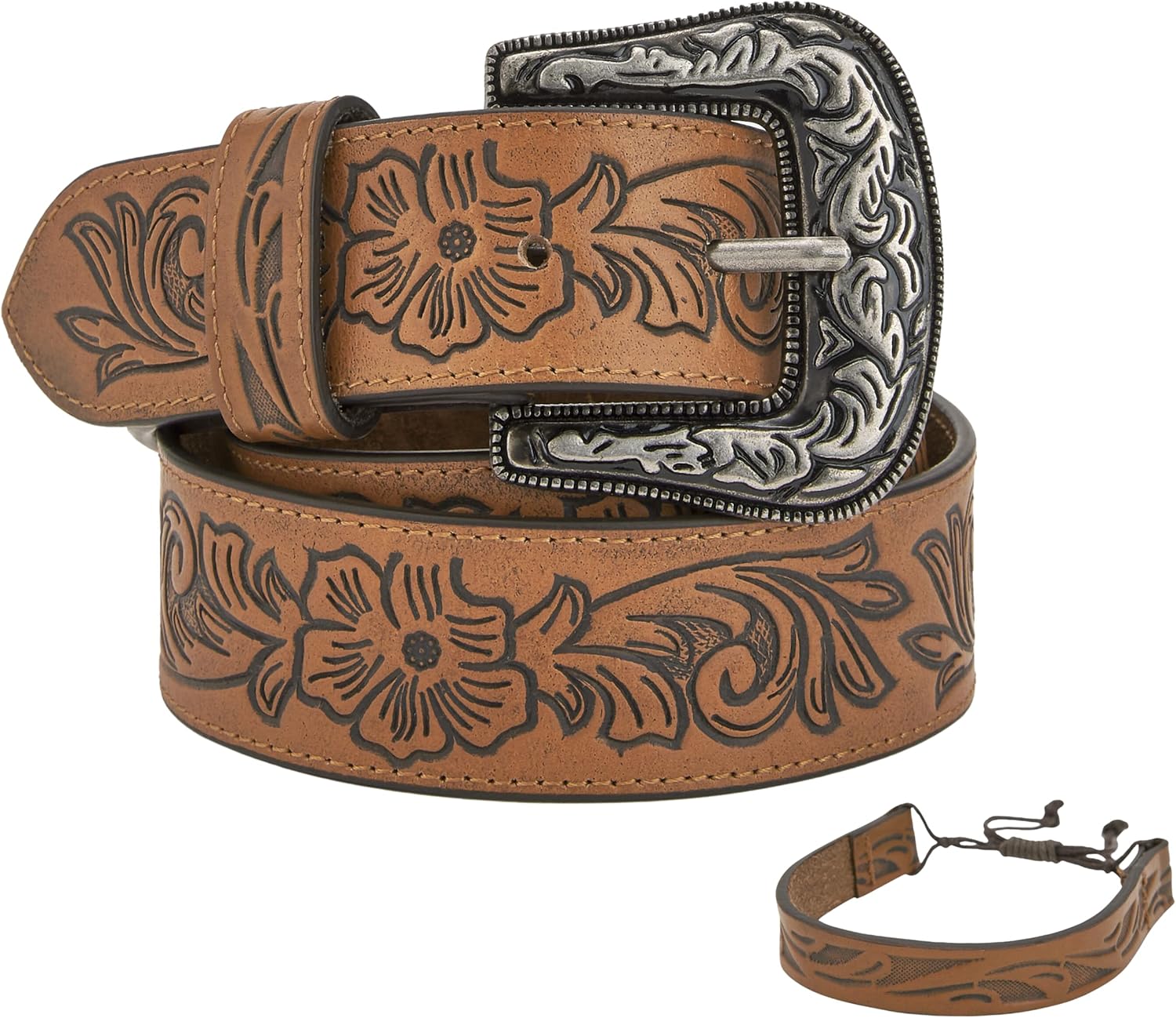 Women Western Belts - Casual Leather - Cowgirl - Engraved Tooled floral - Belt with buckle.