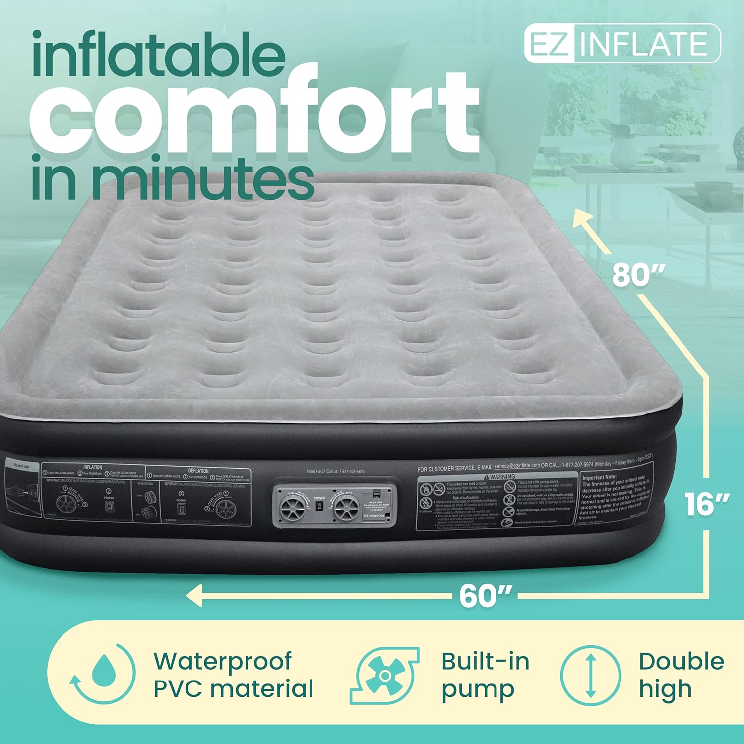 EZ Inflate Air Mattress with Built in Pump Queen Size Double-High Inflatable Mattress with Flocked Top Easy Inflate, Waterproof, Portable Blow Up Bed for Camping & Travel