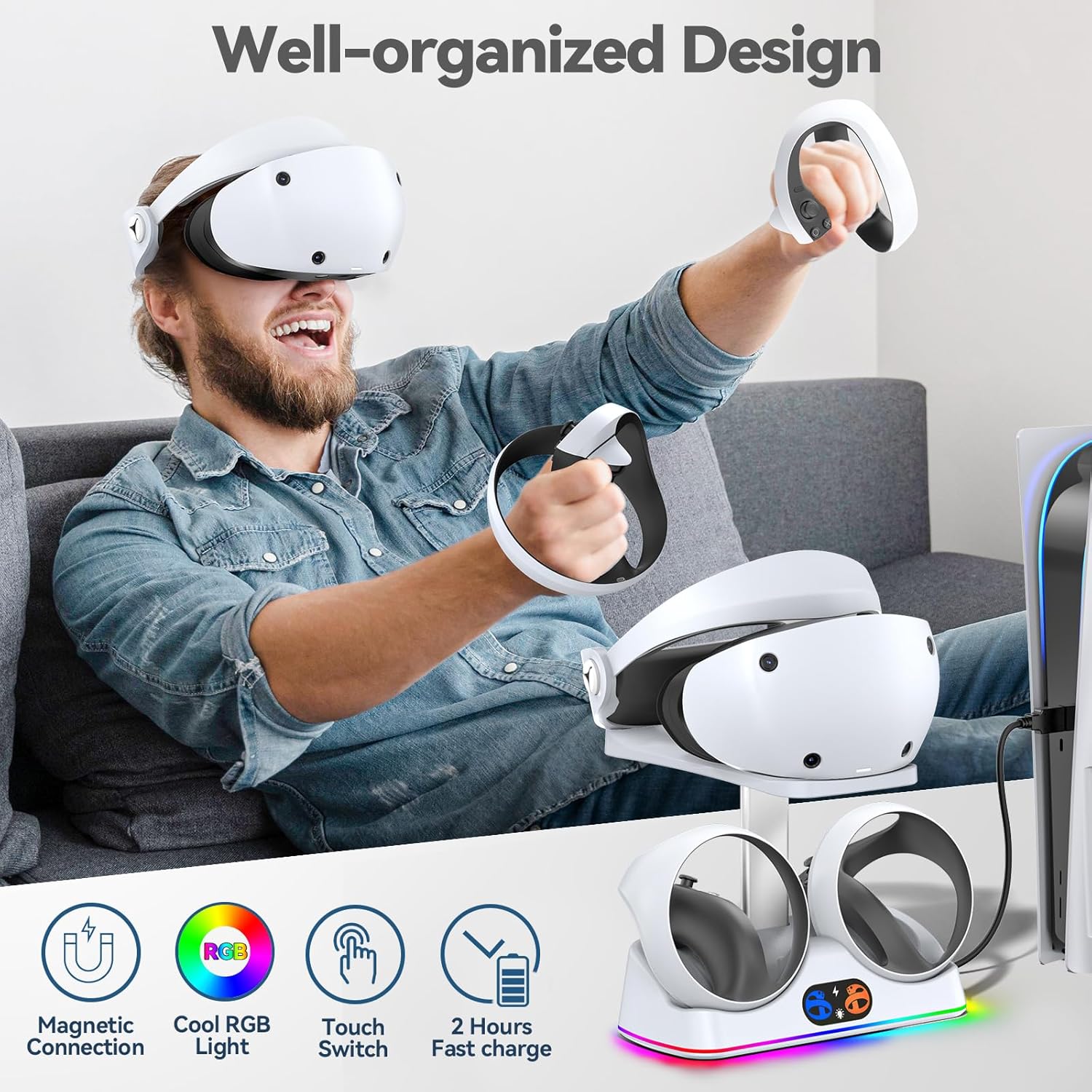 PSVR 2 Charging Station with RGB Light, PSVR 2 Accessories Charging Dock & PSVR2 Headset Display, PSVR 2 Stand with Touch Switch [On/Off], PSVR2 Charging Stand with Magnetic Connector, Type-C Cable