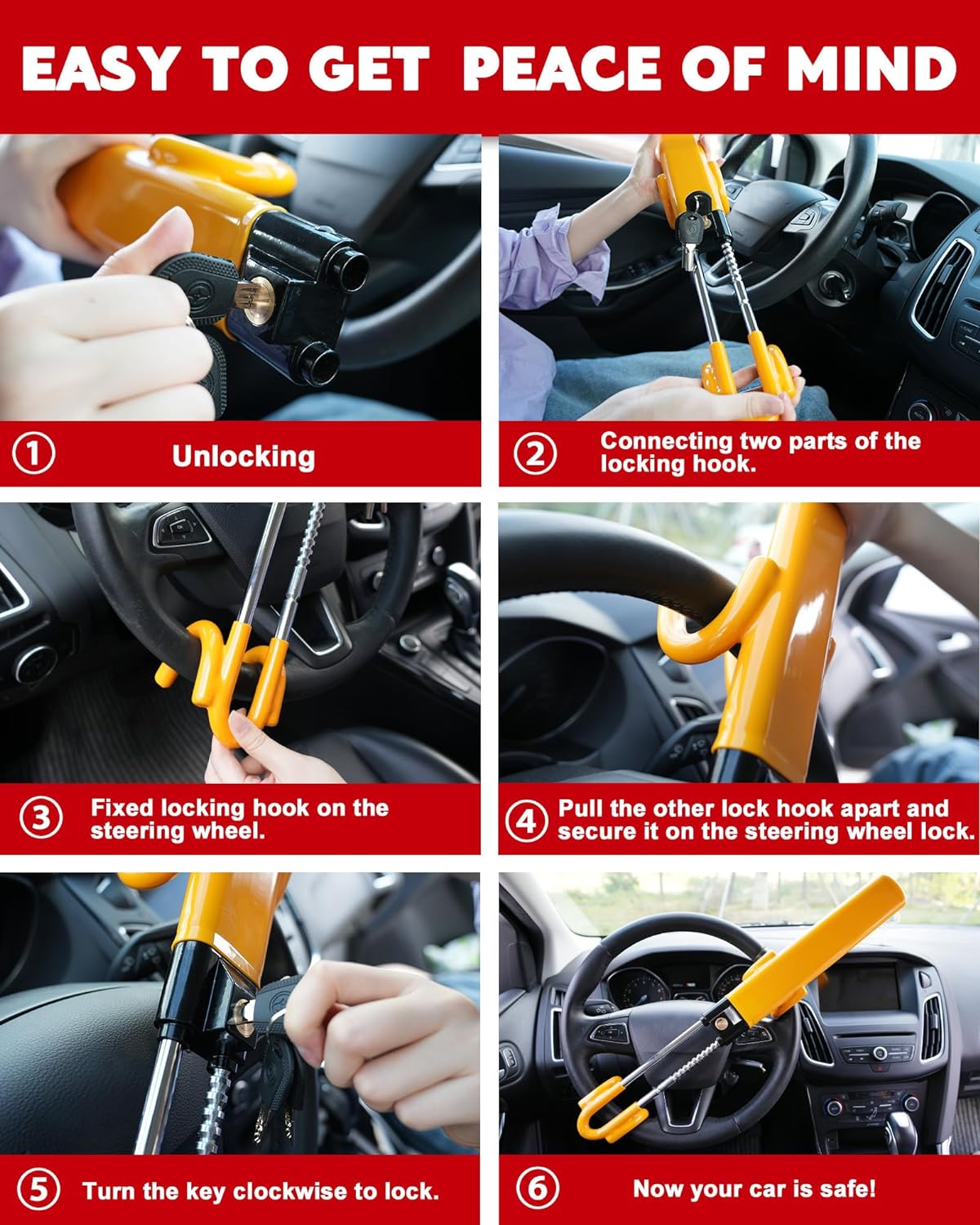 Tevlaphee Steering Wheel Lock Anti-Theft Car Device Heavy Duty Security Car Lock Antitheft Locking Devices Great Deterrent Adjustable Car Wheel Lock Anti Theft for Vehicle Truck with 3 Keys(Yellow)