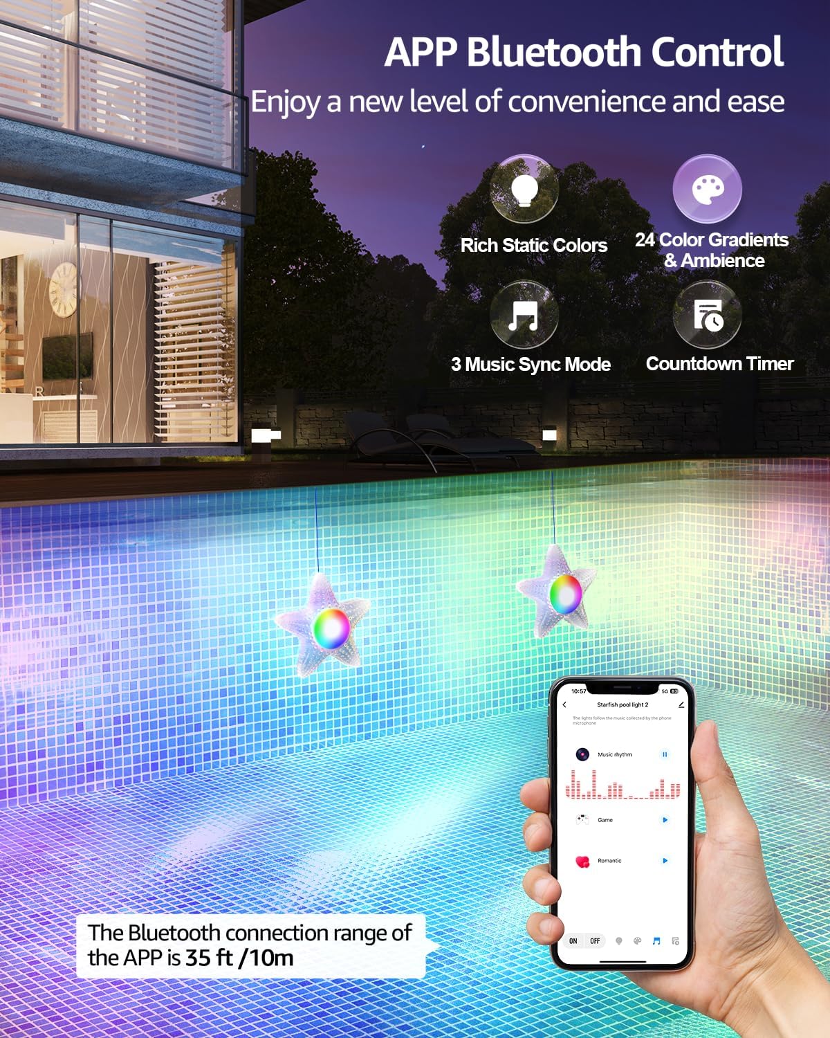 Glisiol Pool Lights for Above Ground Pools - APP Controlled 20W Dimmable Underwater LED Pool Light with Suction Cup, IP68 Waterproof Music Sync Color Changing Submersible Pool Lights, 26ft Cord