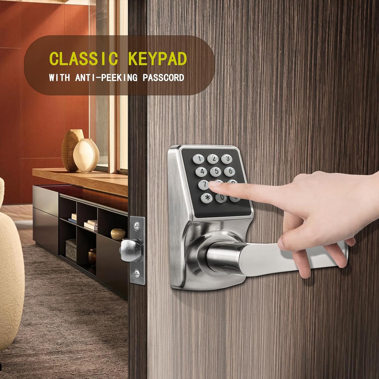 Keyless Entry Door Lock, Electronic Keypad Door Lock with Handle, Digital Door Lock with keypads, IC Card and Key, Easy Installation for Home, Hotel(Satin Nickel)