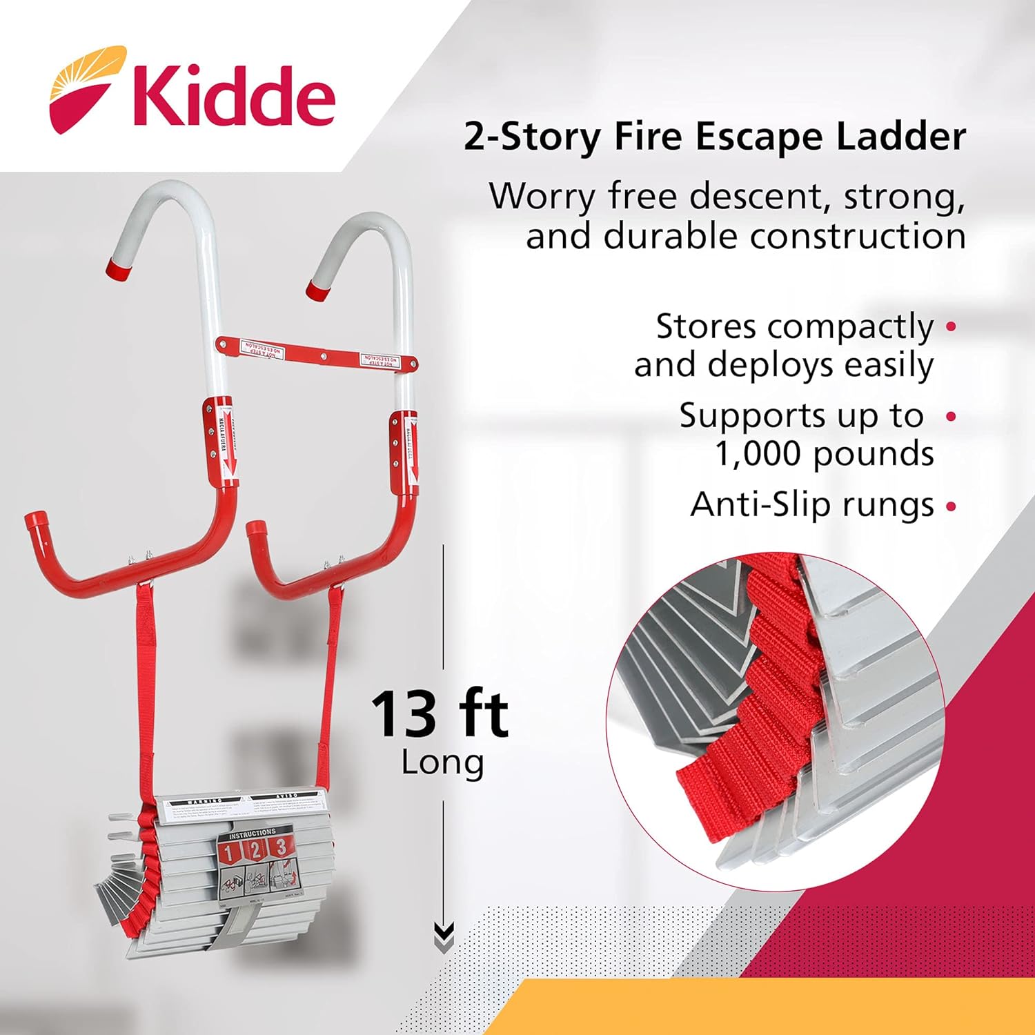 Kidde Fire Escape Ladder, 2-Story Rope Ladder, Extends to 13-Feet, Anti-Slip Rungs