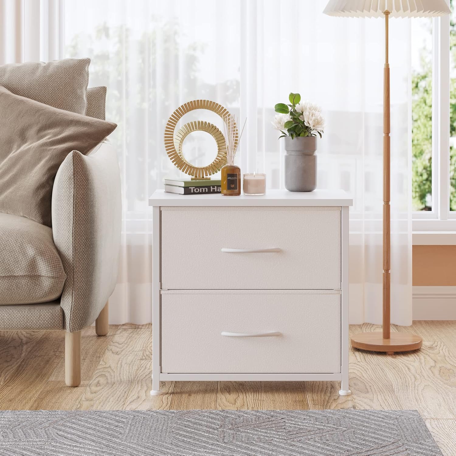 LUMTOK White Nightstand with Drawer, 2 Drawers Dresser for Bedroom, Small Night Stand and Dressers Sets with 2 Fabric Drawers, End Table with Drawer for Living Room (1PCS)