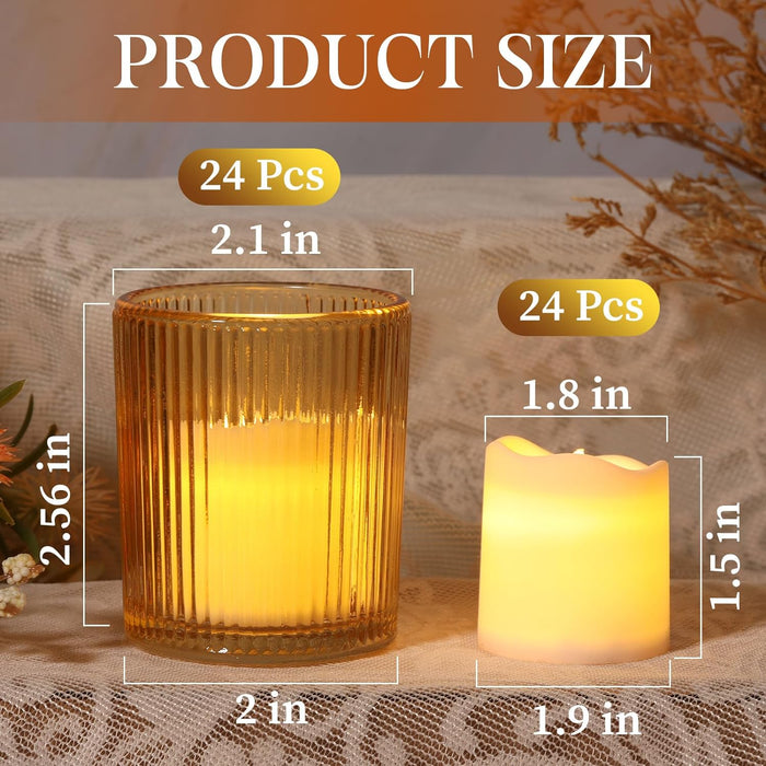 Domensi 24 Pcs Bulk Votive Candle Holders Set, 24 Candle Holders and 24 LED Flameless Fake Candles Glass Tea Lights Candle Holders for Wedding Home Table Centerpiece Birthday Party Holiday (Gold)