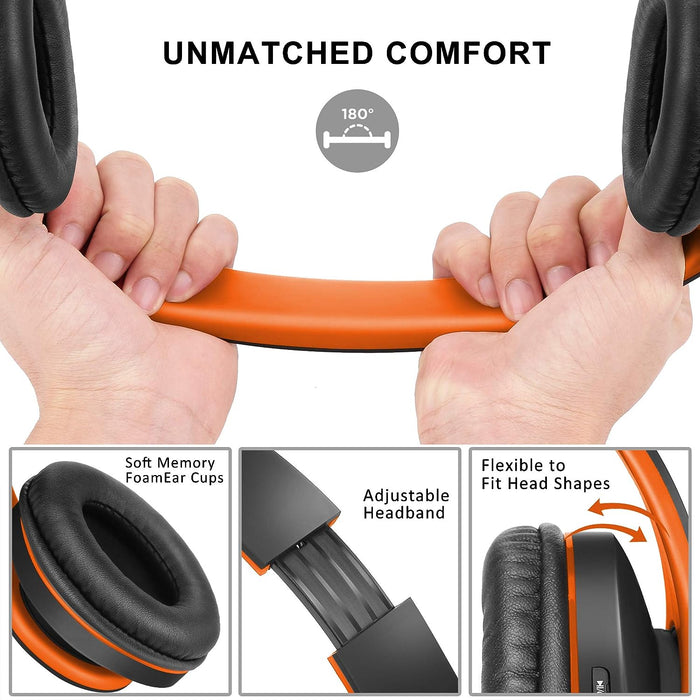 Bluetooth Over-Ear Headphones, Zihnic Foldable Wireless and Wired Stereo Headset Micro SD/TF, FM for Phone/Samsung/Pad/PC/TV,Soft Earmuffs &Light Weight for Prolonged Wearing (Black-Orange)