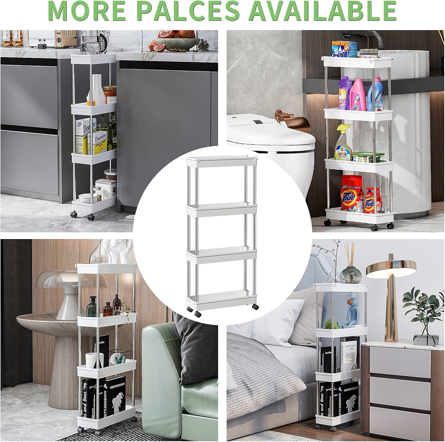 4 Tier Slim Storage Cart,SYLEALA Rolling Storage Cart on Wheels,White Bathroom Storage Cart for Kitchen /Narrow Places/Laundry Organization and Storage, Plastic & Stainless Steel