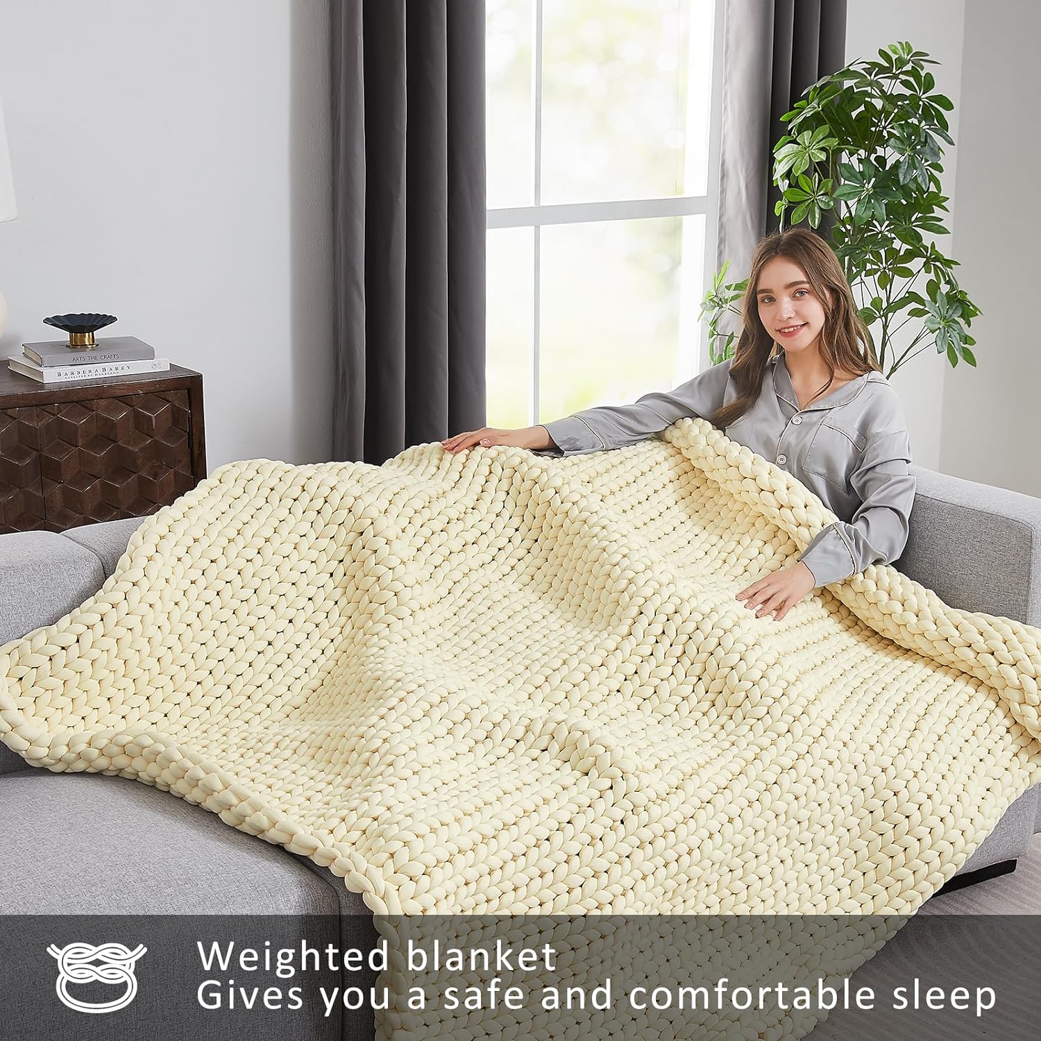 Guohaoi Handmade Knitted Weighted Blanket,Breathable and Soft Chunky Weighted Blanket for Adult,Best Gift for Christmas(Cream White,48"x72" 15lbs)