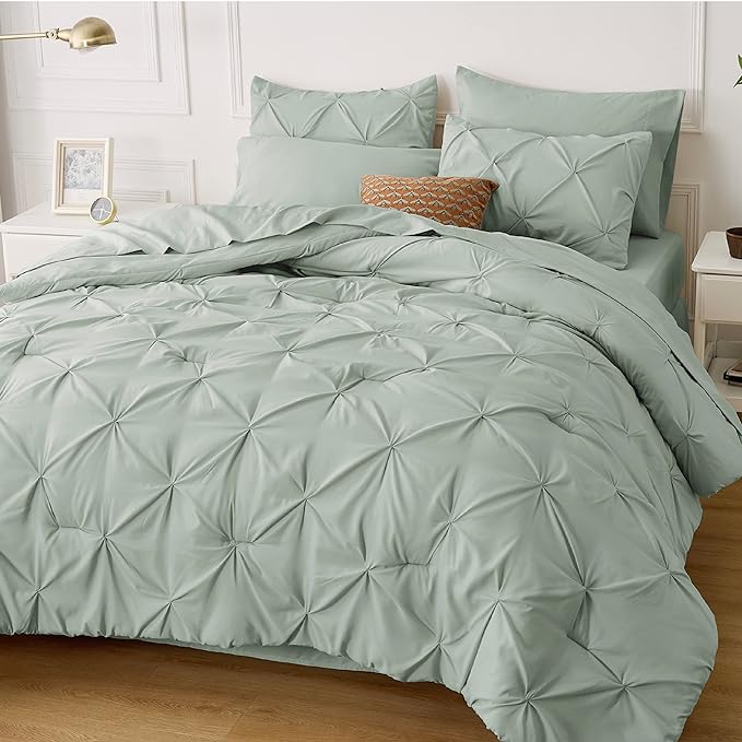 Bedsure King Size Comforter Set - Bedding Set King 7 Pieces, Pintuck Bed in a Bag Green Bed Set with Comforter, Sheets, Pillowcases & Shams