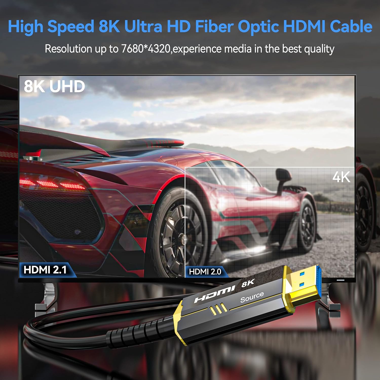 DGHUMEN 8K Fiber Optic HDMI 2.1 Cable 50Feet, Supports 8K@60Hz 4K@120Hz Ultra High Speed 48Gbps Dynamic HDR, eARC,ARR, Dolby Atmos, Compatible with PS5, Xbox Series X, UHD TV-Gold