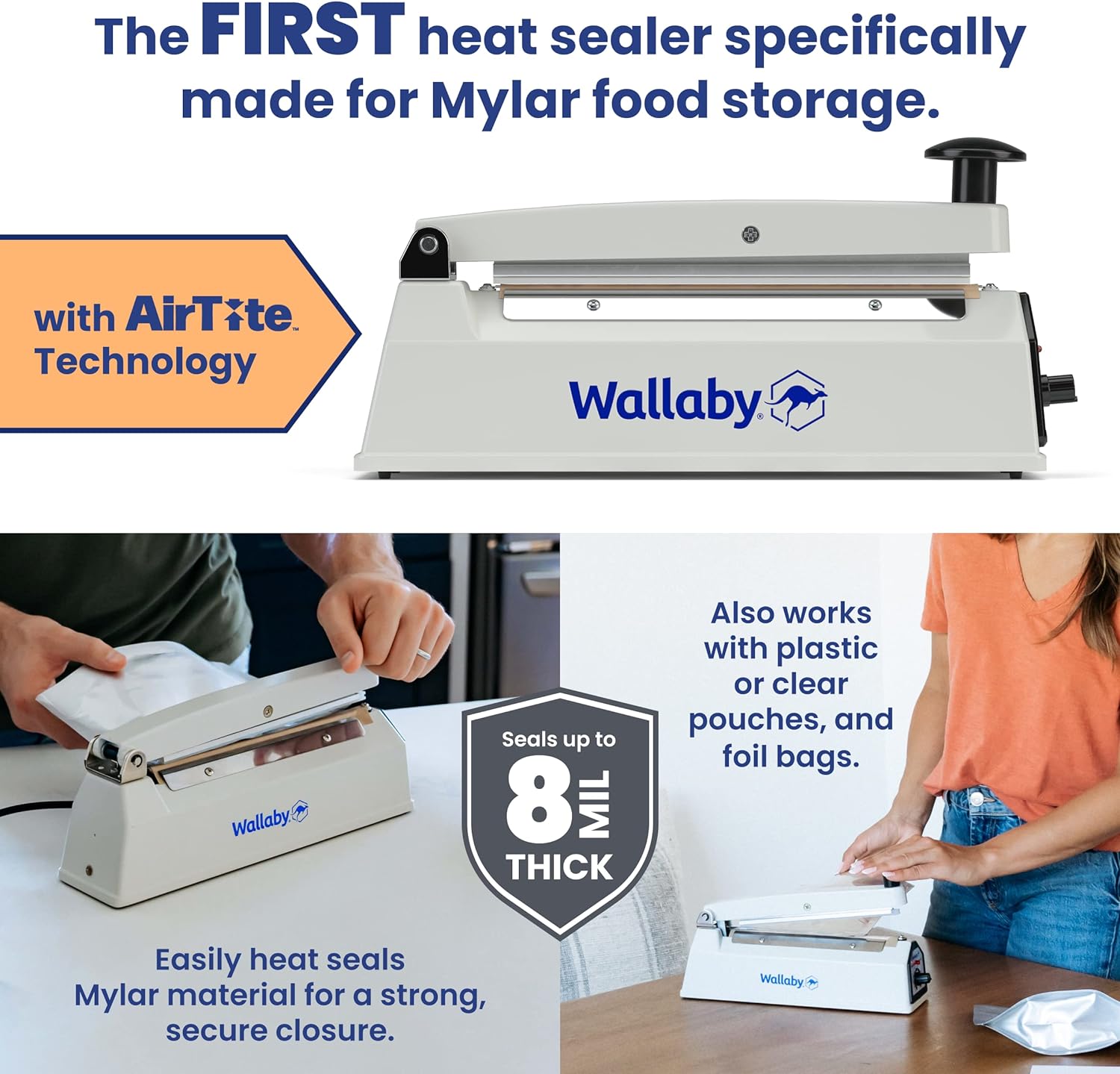 Wallaby Impulse Sealer - 8 inch - Manual Heat Sealer Machine for Mylar Bags - Heavy Duty for Strong, Secure Sealing for Long Term Food Storage - Two Fuse & Strip Replacement Kits Included (White)