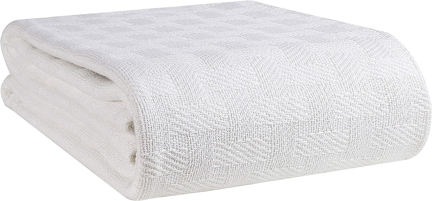 Glamburg 100% Cotton Bed Blanket, Breathable Bed Blanket King Size, Cotton Thermal Blankets King Size - Perfect for Layering Any Bed for All Season - White